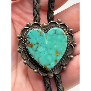 Vintage Native American Turquoise Heart Signed DS Sterling Silver Bolo Tie